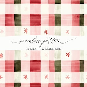 May include: A watercolour seamless pattern with a grid of red, dark green, and off-white squares. Small red star-like shapes are scattered throughout. The text "seamless pattern" and "BY MOORE & MOUNTAIN" are also present.
