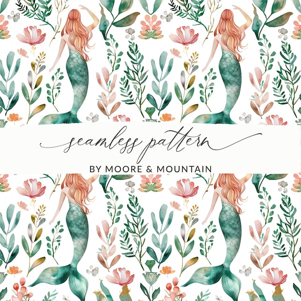 Seamless Mermaid Background Pattern, Watercolor Mermaid Repeating Background Digital File, PNG Seamless Mermaid File, Teal Mermaid