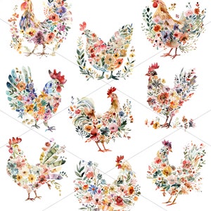 May include: Nine watercolor illustrations of roosters and hens made of flowers. Each bird is depicted in a different pose and with a unique floral arrangement. The colors are vibrant and the details are intricate.
