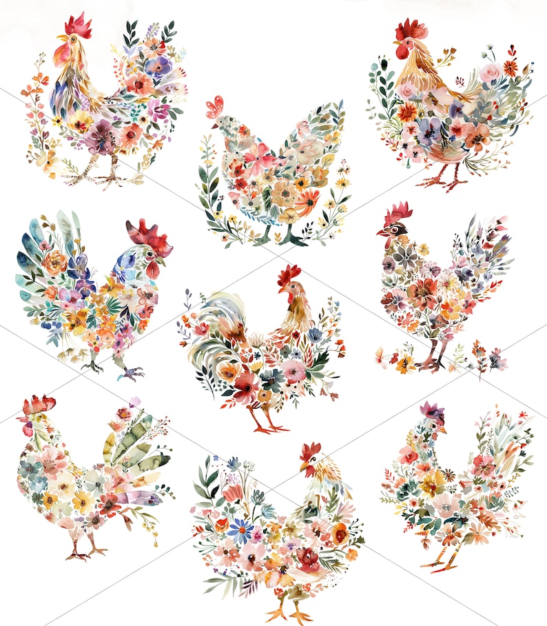 May include: Nine watercolor illustrations of roosters and hens made of flowers. Each bird is depicted in a different pose and with a unique floral arrangement. The colors are vibrant and the details are intricate.