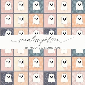 May include: A seamless pattern featuring white ghost illustrations on a patchwork background. The background squares alternate between pink, peach, and blue-gray hues. The text "seamless pattern" and "BY MOORE & MOUNTAIN" are displayed on a white banner.