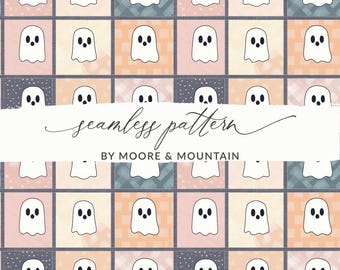 Cute Fall Ghost Patchwork Pattern, Seamless Happy Ghost Background Pattern JPEG, Friendly Ghosts Background Pattern
