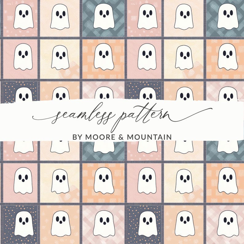 May include: A seamless pattern with white ghost illustrations on a patchwork design. The background squares alternate between pink, peach, and blue-grey colours. The text "seamless pattern" and "BY MOORE & MOUNTAIN" are displayed on a white banner.