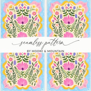 Może przedstawiać: Bezszwowy wzór kwiatowy z różowymi, fioletowymi i żółtymi kwiatami, zielonymi liśćmi oraz tekstem "seamless pattern" autorstwa Moore & Mountain. Projekt jest osadzony na jasnoniebieskim i kremowym tle.