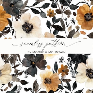 May include: A seamless pattern featuring watercolor illustrations of beige, brown, and black flowers with dark green leaves on a white background. The text "seamless pattern" and "BY MOORE & MOUNTAIN" is written in black cursive script on a white banner.