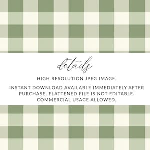 May include: A digital download of a high-resolution green and white gingham pattern. The text "details" is written in cursive at the top of the image. The text below reads "HIGH RESOLUTION JPEG IMAGE. INSTANT DOWNLOAD AVAILABLE IMMEDIATELY AFTER PURCHASE. FLATTENED FILE IS NOT EDITABLE. COMMERCIAL USAGE ALLOWED."