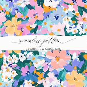May include: A seamless pattern featuring a colourful floral design with pink, yellow, blue, and white flowers on a teal green background. The text "seamless pattern by Moore & Mountain" is displayed on a white banner.