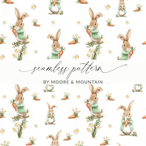 May include: A seamless pattern with watercolour illustrations of brown bunnies in green jackets, holding carrots. The design includes yellow flowers and carrots on a white background. The text "seamless pattern" and "BY MOORE & MOUNTAIN" are also present.
