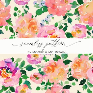 May include: A seamless pattern featuring watercolour pink, orange, and purple flowers with green leaves on a cream background. The text "seamless pattern" and "BY MOORE & MOUNTAIN" is displayed on a white banner.