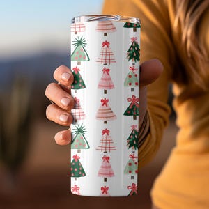 Festive Holiday Tumbler, Christmas Tree and Bell Design, Stainless Steel Insulated Travel Mug