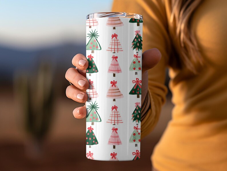Festive Holiday Tumbler, Christmas Tree and Bell Design, Stainless Steel Insulated Travel Mug