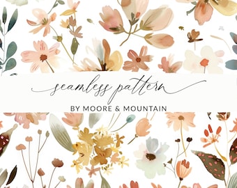 Seamless Autumn Floral Pattern Muted Colors, Painted Boho Flowers Pattern Seamless Fall Painted Flowers Pattern for Commercial Use