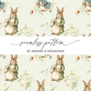 Puede incluir: Un patrón sin costuras que presenta un diseño repetitivo de conejos marrones que llevan chaquetas verdes y flores blancas sobre un fondo verde claro. El texto "seamless pattern by Moore & Mountain" se muestra en el centro de la imagen.