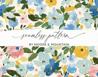Pastel Spring Flowers Seamless Background Pattern, Watercolor Pastel Floral Seamless Pattern for Commercial Use, Blue and Yellow Floral