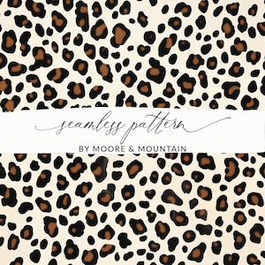 以下が含まれることがあります： 黒、茶色、白のヒョウ柄のデザインを特徴とするシームレスパターン。パターンは画像全体に繰り返されます。