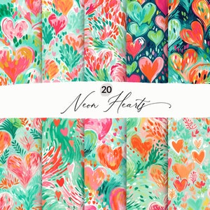 May include: A collection of 20 digital art patterns featuring vibrant neon hearts in shades of pink, orange, and green. The designs have a painterly style with brushstroke textures, set against a light teal background. The text "20 Neon Hearts" is displayed.
