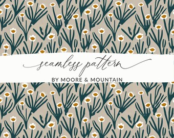 May include: Seamless pattern featuring a repeating design of stylized white flowers with yellow centers and teal green leaves on a light brown background. The text "seamless pattern" and "BY MOORE & MOUNTAIN" is included in the image.