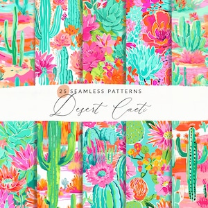 Modelli senza cuciture di cactus colorati Modelli dipinti di cactus, modelli di sfondo colorato dipinto arte del deserto, uso commerciale, JPEG