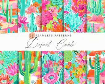 Kolorowe wzory bezszwowe kaktusów, malowane wzory kaktusów, kolorowe malowane wzory tła sztuki pustyni, komercyjne zastosowanie, JPEG