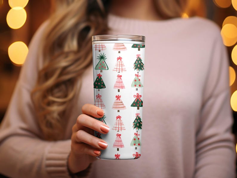 Christmas Tumbler Cup, Holiday Insulated Drinkware, Festive Tree and Gift Design, Thermal Mug for Winter Beverages