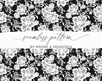 Black Floral Lace Seamless Pattern, Printable Fabric Design (Digital Download)
