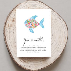 Illustrated invitation with a floral fish and "You're invited" text.