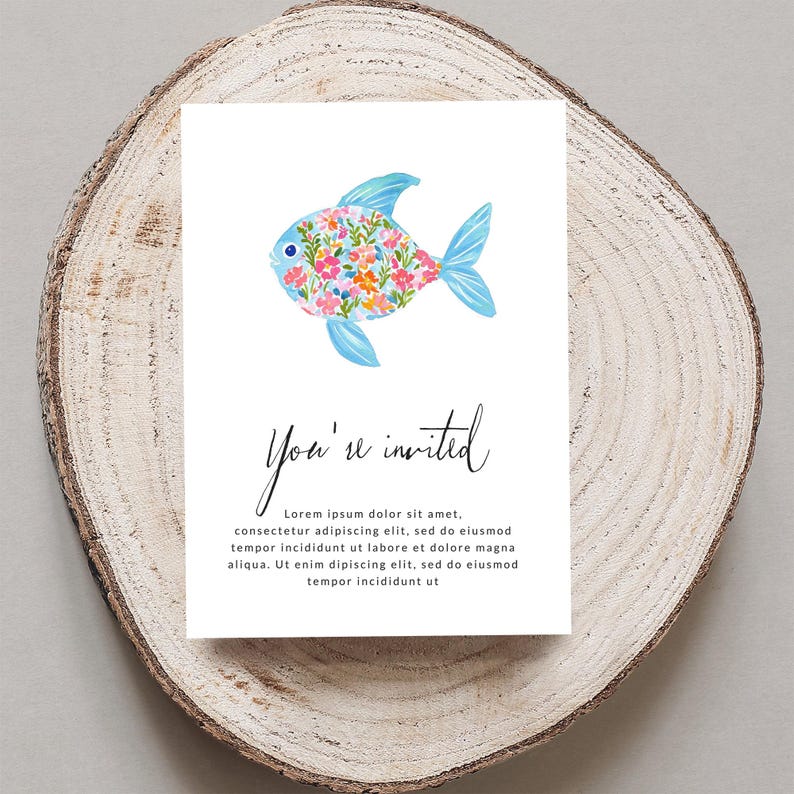 Illustrated invitation with a floral fish and "You're invited" text.
