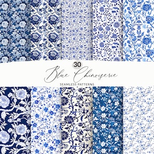 Seamless Chinoiserie Blue Watercolor Patterns, Chinese Floral Background Patterns, Seamless Oriental Flowers and Vine Elegant Digital Papers