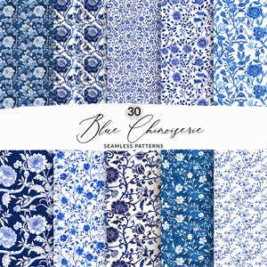 Seamless Chinoiserie Blue Watercolor Patterns, Chinese Floral Background Patterns, Seamless Oriental Flowers and Vine Elegant Digital Papers