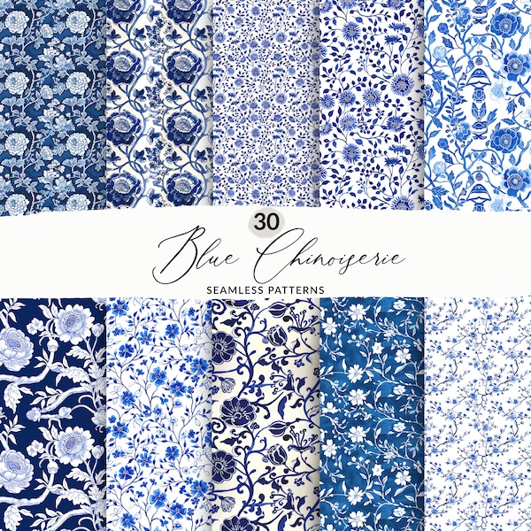 Seamless Chinoiserie Blue Watercolor Patterns, Chinese Floral Background Patterns, Seamless Oriental Flowers and Vine Elegant Digital Papers