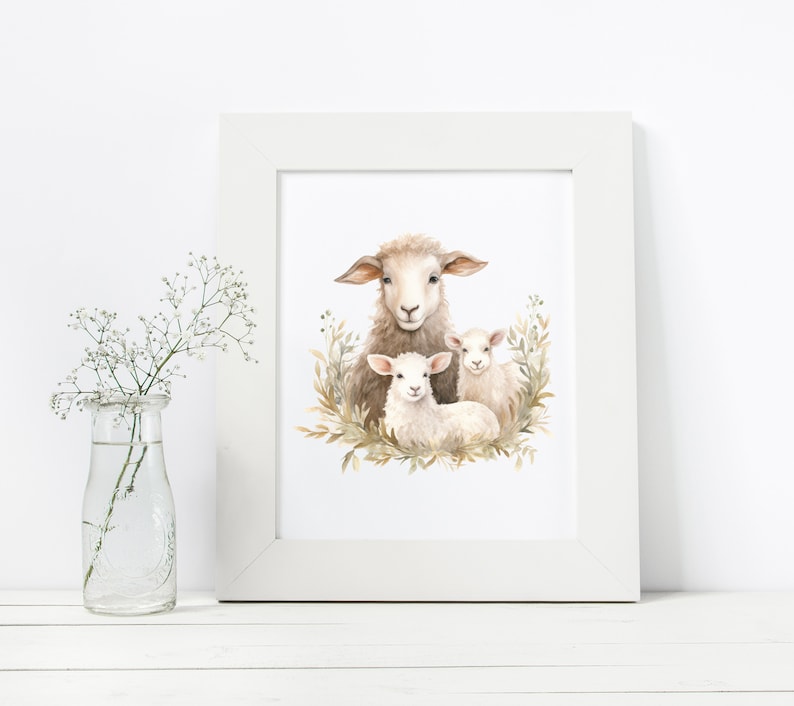 May include: A watercolor painting of a mother sheep and two lambs. The sheep are white with brown markings and are surrounded by brown and green foliage.