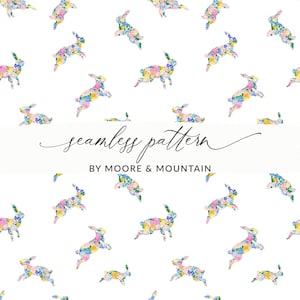 May include: A seamless pattern featuring a white background with a repeating design of bunnies made of colorful flowers. The text "seamless pattern" and "BY MOORE & MOUNTAIN" is at the bottom of the image.