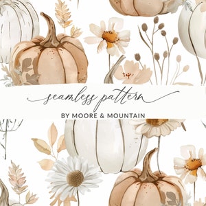 Peut inclure: Un motif sans couture avec des citrouilles blanches et brunes, des fleurs beiges et des tiges brunes sur un fond blanc. Le texte "seamless pattern" et "BY MOORE & MOUNTAIN" est inclus dans le motif.