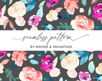 Dark Black Seamless Blooms Pattern, Modern Dark Floral Seamless Pattern, Jewel Tones Floral Pattern, Modern Watercolor Blooms Pattern,Purple