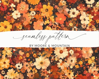 May include: A seamless pattern featuring a variety of orange, yellow, and white flowers on a dark brown background. The text "seamless pattern" and "by Moore & Mountain" is displayed on a white banner.
