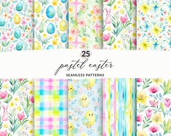 25 Pastell-Ostern-nahtlose Muster-Set, nahtlose Baby-Küken-Muster, nahtlose Osterkreuzmuster, sich wiederholende Ostereier-Hintergründe