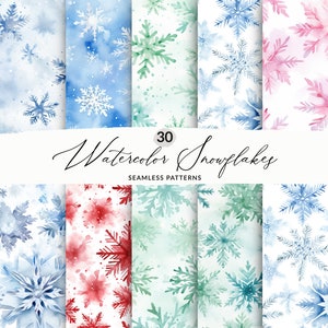 Può includere: 30 Motivi di fiocchi di neve ad acquerello senza cuciture. Una collezione di carta digitale con vari disegni di fiocchi di neve in blu, verde, rosso e rosa.