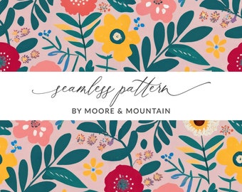 Light Pink Modern Seamless Background Pattern Mauve Pink Retro Floral, Seamless Groovy Floral Pattern for Textile Design, Commercial Use