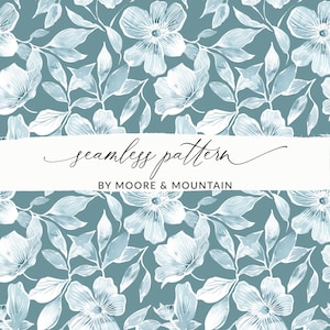 May include: Seamless pattern featuring white floral designs on a light blue background. The text "seamless pattern" and "by Moore & Mountain" is displayed on a white banner.