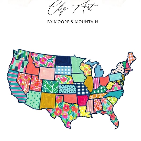アメリカ地図のクリップアート、愛国的な花柄のSVG、プレッピーデザイン（デジタルダウンロード）