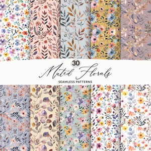 May include: A set of 30 digital seamless patterns featuring muted floral designs. The patterns include various shades of pink, blue, yellow, and green with watercolor-style flowers and leaves.