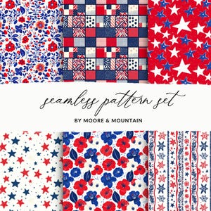 22 sömlösa 4 juli-mönster, USA sömlös bakgrundsset, röda vita och blå bakgrunder, sömlösa patriotiska mönsterset
