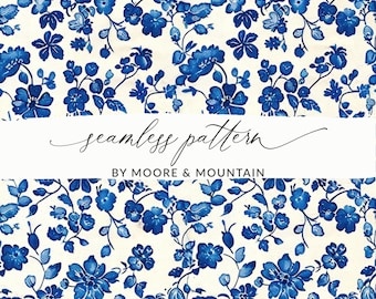 Vintage Ditsy Blue Floral Pattern, Chinoiserie Blue Floral Background, Delicate Flowers and Vines Seamless File, Painted Blue Seamless Bloom