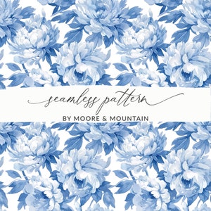 Può includere: Un motivo senza cuciture con peonie blu ad acquerello su uno sfondo bianco. Il motivo è intitolato "seamless pattern" con il testo "by Moore & Mountain" sotto.