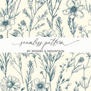 Einfache botanische Blume skizziertes Muster, illustrierte Wildblumenlinie Kunst-Blumenmuster, Linie Kunst-Gänseblümchen-Muster, Cyanotypie-Blumenmuster