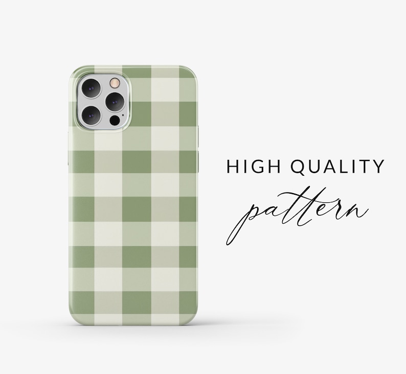 May include: A green and white gingham phone case for an iPhone. The case has a camera cutout and is designed to fit a phone with a triple lens camera system. The text "HIGH QUALITY pattern" is visible in the image.