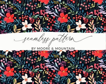 May include: A seamless pattern featuring red, white, and pink flowers with green leaves and small red berries on a black background. The text "seamless pattern by Moore & Mountain" is displayed in the center of the image.