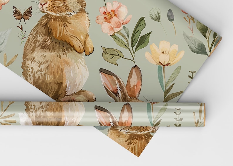 May include: A green wrapping paper with a repeating pattern of brown rabbits, pink and yellow flowers, and green leaves.