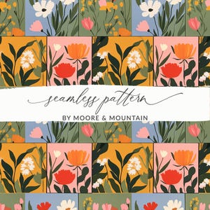 May include: A seamless pattern featuring a repeating design of colorful flowers and leaves in a patchwork style. The flowers are red, orange, yellow, and white, and the leaves are green. The background is a mix of light blue, yellow, pink, and green.
