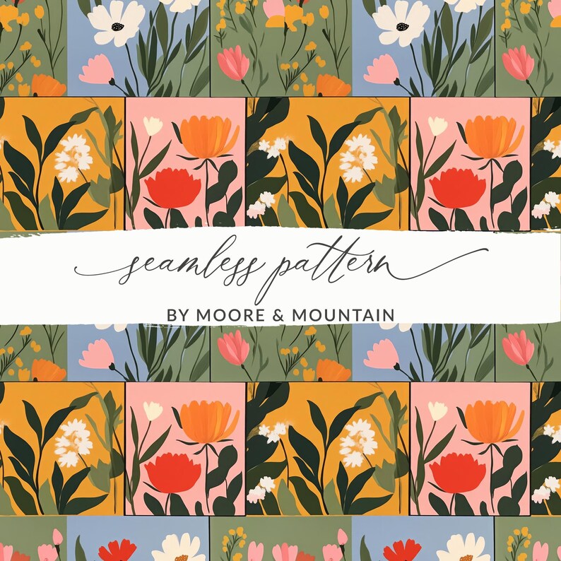 May include: A seamless pattern featuring a repeating design of colourful flowers and leaves in a patchwork style. The flowers are red, orange, yellow, and white, and the leaves are green. The background is a mix of light blue, yellow, pink, and green.